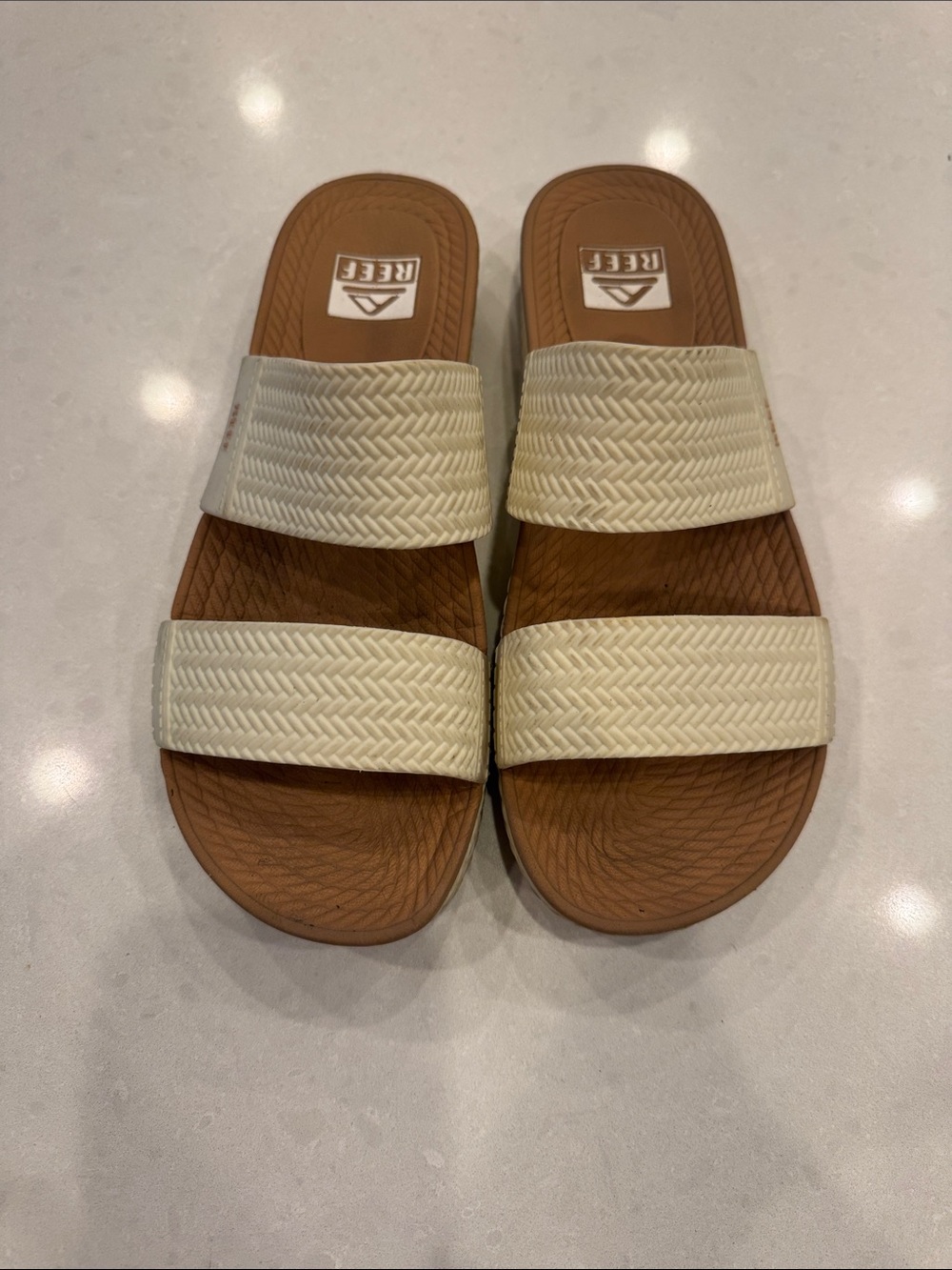 Reef Men’s Cream Double-Strap Slide Sandals with Brown Footbed